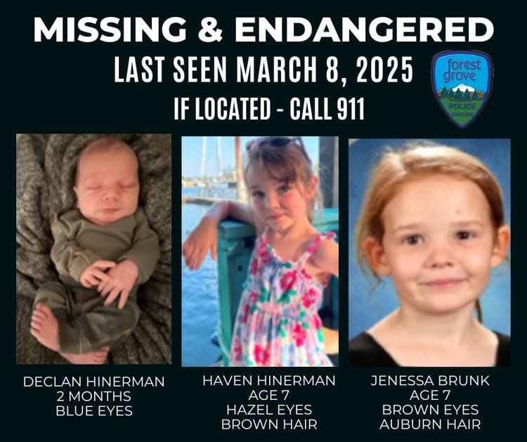 Forest Grove Police seek public help in finding three 'missing & endangered' children